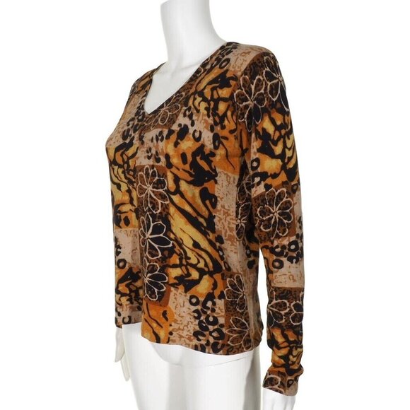 Joseph A Top Womens L Sweater Silk Blend Animal Print Brown Multi V Neck Stretch - Picture 4 of 10